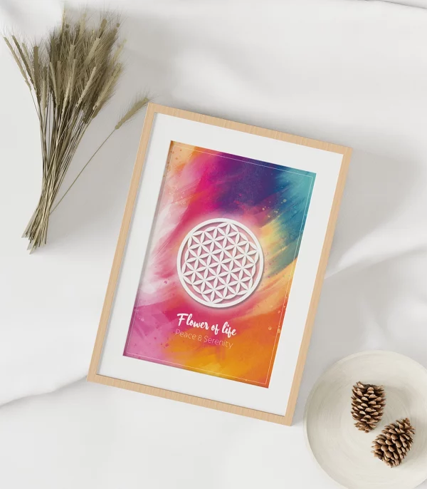 affiche A4 flower of life color - peace & Serenity - cadre bois bord blanc