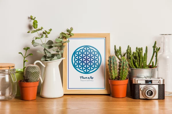 affiche A4 flower of life - peace & Serenity - cadre bois