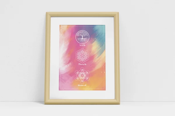 affiche A4 tree of life, flower of life, metatron cube - cadre bois